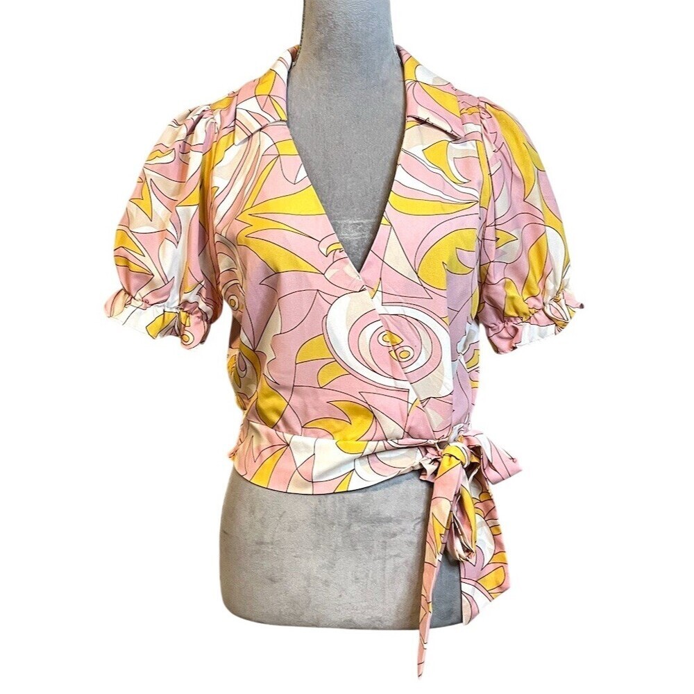 Milk and Honey Top Blouse Womens M Pink Yellow Abstract 70’s Hippie Boho Beach